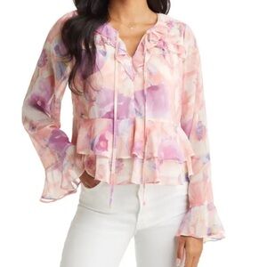 VICI Collection Floral Ruffle Chiffon Peplum Blouse in Lilac/Peach